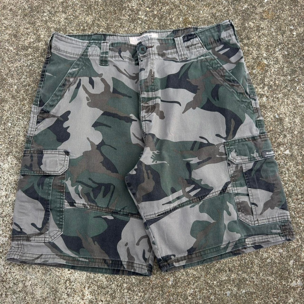 Vintage Y2K Wrangler Camo Cargo Shorts Baggy Military Gorpcore Green 36 (d11)